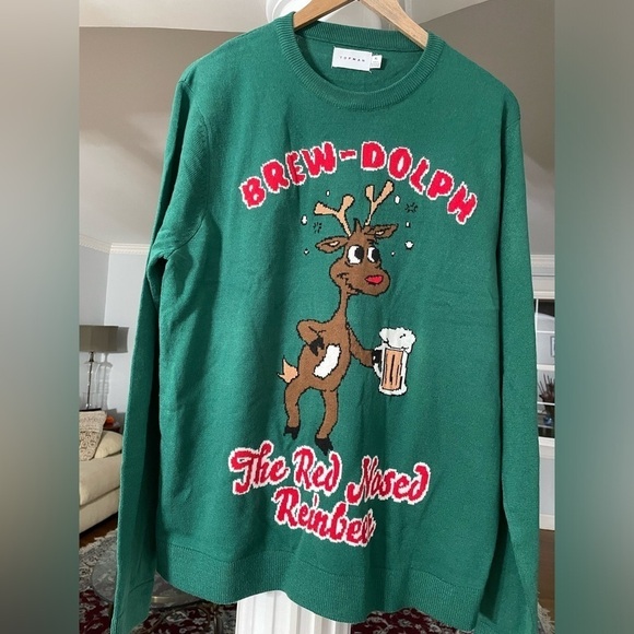 Topman Brew-Dolph crew neck green knit men Christmas sweater size X. Large. - Picture 1 of 5